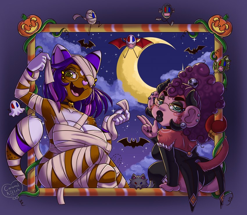 anthro black_person breasts butt choker clothed clothing dipstick_tail duo ear_piercing eyewear female fur glasses gloves_(marking) green_eyes hair holidays horn jewelry markings necklace open_mouth piercing pink_nose purple_hair tail tail_markings caramel-kitteh halloween caramel_kitteh_(character) evil_egg mac_(caramel-kitteh) ambient_bat bat haplorhine mammal monkey primate 2023