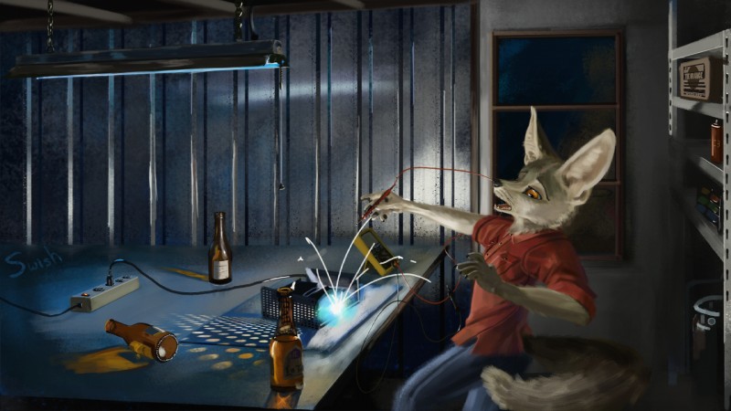 alcohol anthro beer beverage clothed clothing detailed_background energy male multimeter night open_mouth power_strip power_supply refraction solo sparks wire swish canid canine fennec_fox fox mammal true_fox 16:9 hi_res widescreen