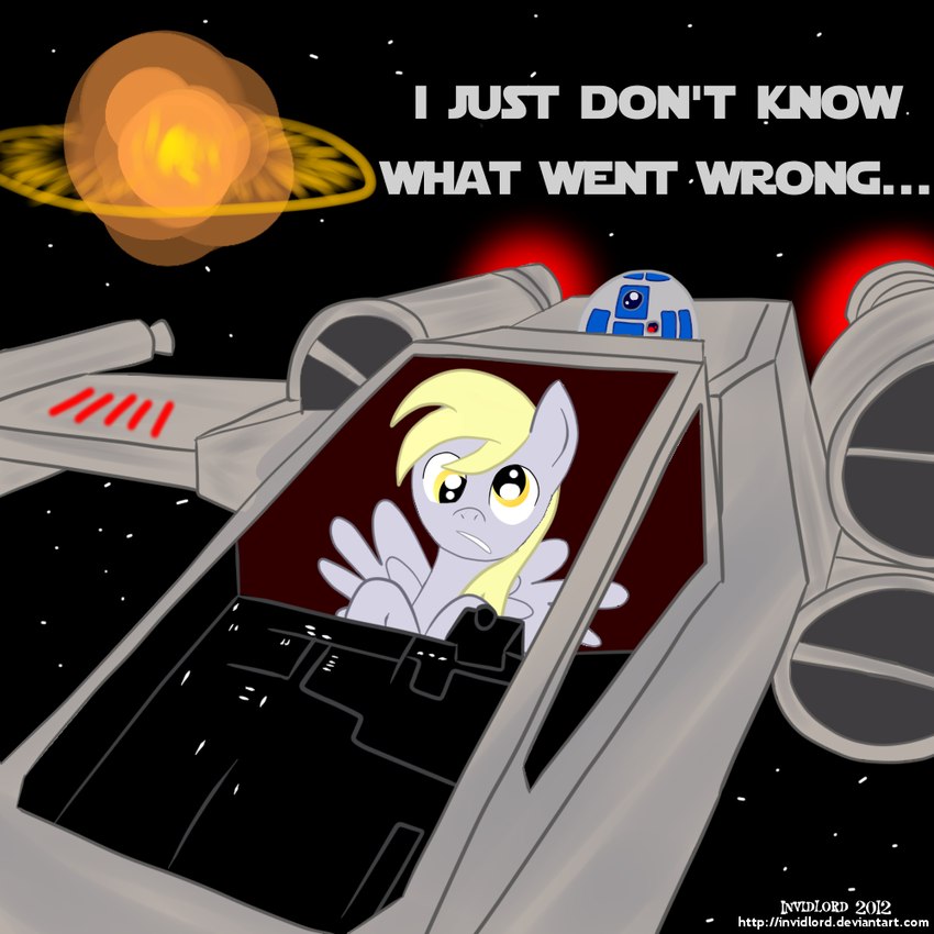 ambiguous_gender duo female machine science_fiction space wings x-wing invidlord friendship_is_magic hasbro my_little_pony mythology star_wars star_wars:_a_new_hope derpy_hooves_(mlp) r2-d2 astromech_droid equid equine horse mammal mythological_creature mythological_equine pegasus pony r2-series_astromech_droid robot 1:1 crossover