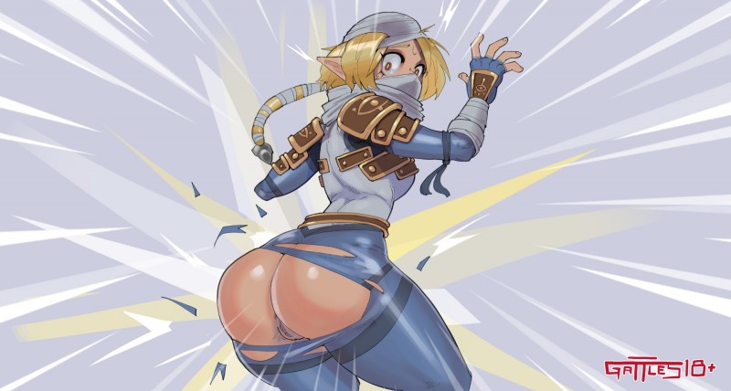 blonde_hair breasts butt clothed clothing female genitals hair humanoid_pointy_ears looking_at_viewer not_furry pointy_ears pubes pussy simple_background solo torn_clothing wardrobe_malfunction gattles nintendo the_legend_of_zelda sheik_(tloz) humanoid hylian mammal 2020 digital_media_(artwork) hi_res