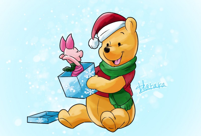 black_eyes black_nose blue_background bottomless christmas_clothing christmas_headwear clothed clothing duo gift happy hat headgear headwear holidays male open_mouth open_smile pink_body raised_arm red_clothing red_shirt red_topwear santa_hat scarf shirt simple_background size_difference smile topwear yellow_body harara christmas disney winnie_the_pooh_(franchise) piglet pooh_bear bear domestic_pig mammal suid suine sus_(pig) 2017 hi_res signature