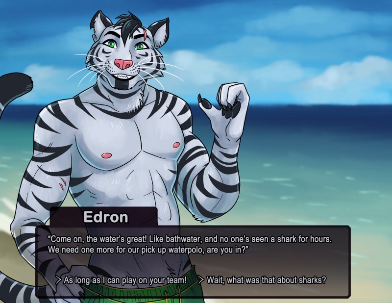 anthro black_hair clothed clothing dialogue dialogue_box green_eyes hair header header_box male partially_clothed question scar solo standing stripes text text_box text_box_prompt whiskers beleoci edron_(mr-yiffy) felid mammal pantherine tiger absurd_res english_text hi_res