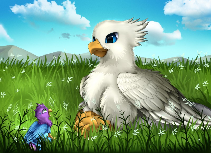 ambiguous_gender beak blue_eyes day duo feathered_wings feathers feral fur grass green_hair hair micro outside plant purple_body purple_fur quadruped size_difference sky smile white_body white_feathers white_fur wings pridark mythology der gyro_feather avian gryphon mythological_avian mythological_creature absurd_res hi_res