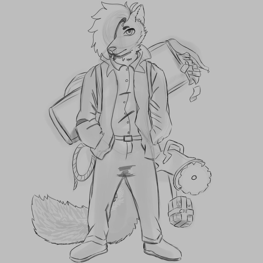 ambiguous_gender anthro belt clothing dress_shirt duffel_bag fluffy fluffy_tail footwear improvised_explosive_device money power_tool rope saw shirt shoes sneakers solo tail tools topwear templar_ponyboy sono_nakahara_(templar_ponyboy) canid canine fox mammal 1:1 hi_res monochrome nonbinary_(lore)