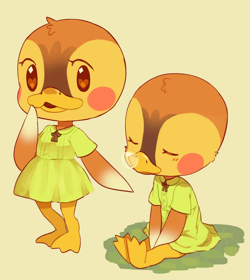 anthro bodily_fluids bubble clothed clothing dress eyes_closed female green_clothing green_dress heart_eyes heart_symbol looking_at_viewer simple_background sitting snot snot_bubble solo skeet_(artist) animal_crossing nintendo molly_(animal_crossing) anatid anseriform avian bird duck hi_res