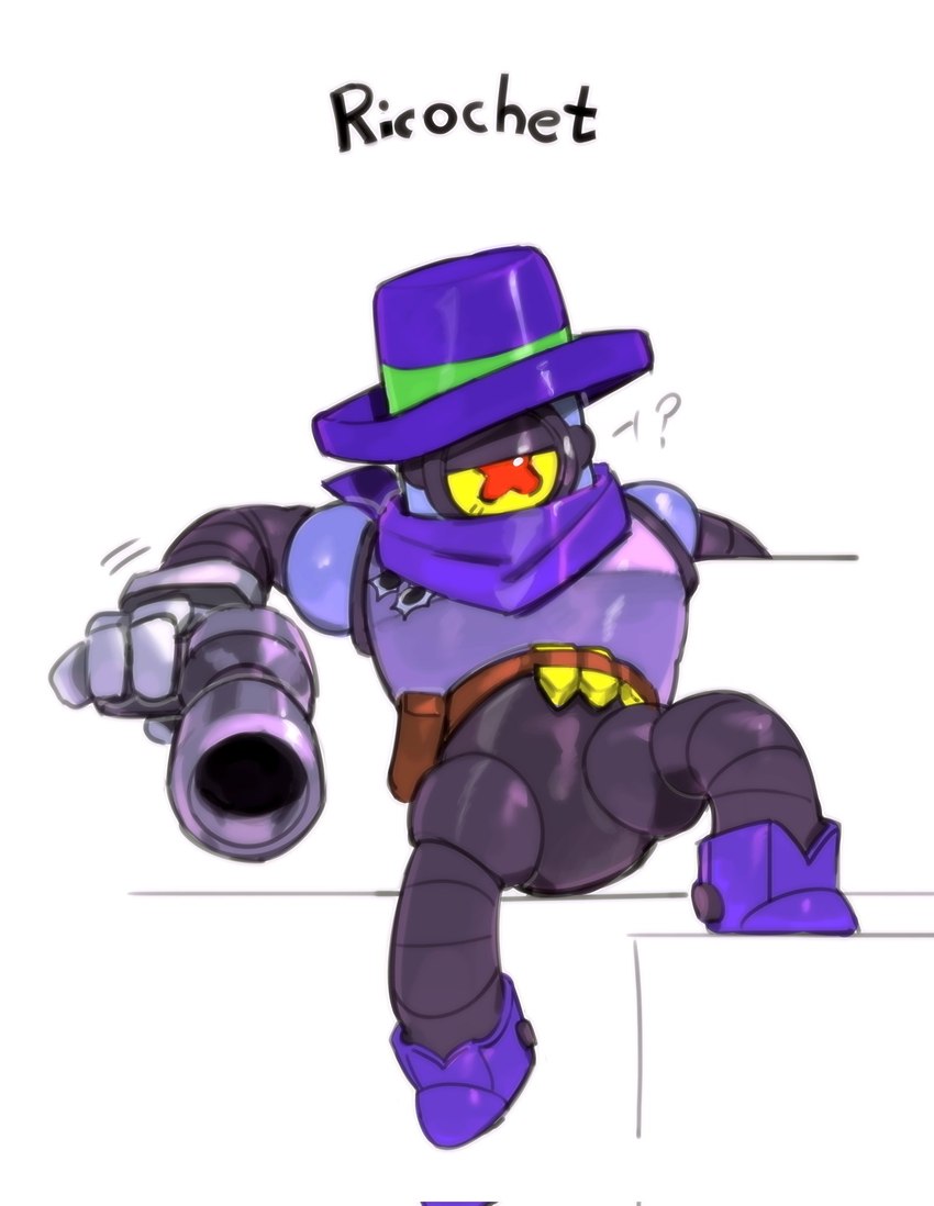 1_eye belt clothing footwear glistening glistening_body gun handgun hat headgear headwear kerchief machine male neckerchief neckwear not_furry question_mark ranged_weapon shoes solo toony weapon kogito brawl_stars supercell_(company) rico_(brawl_stars) cyclops humanoid robot hi_res