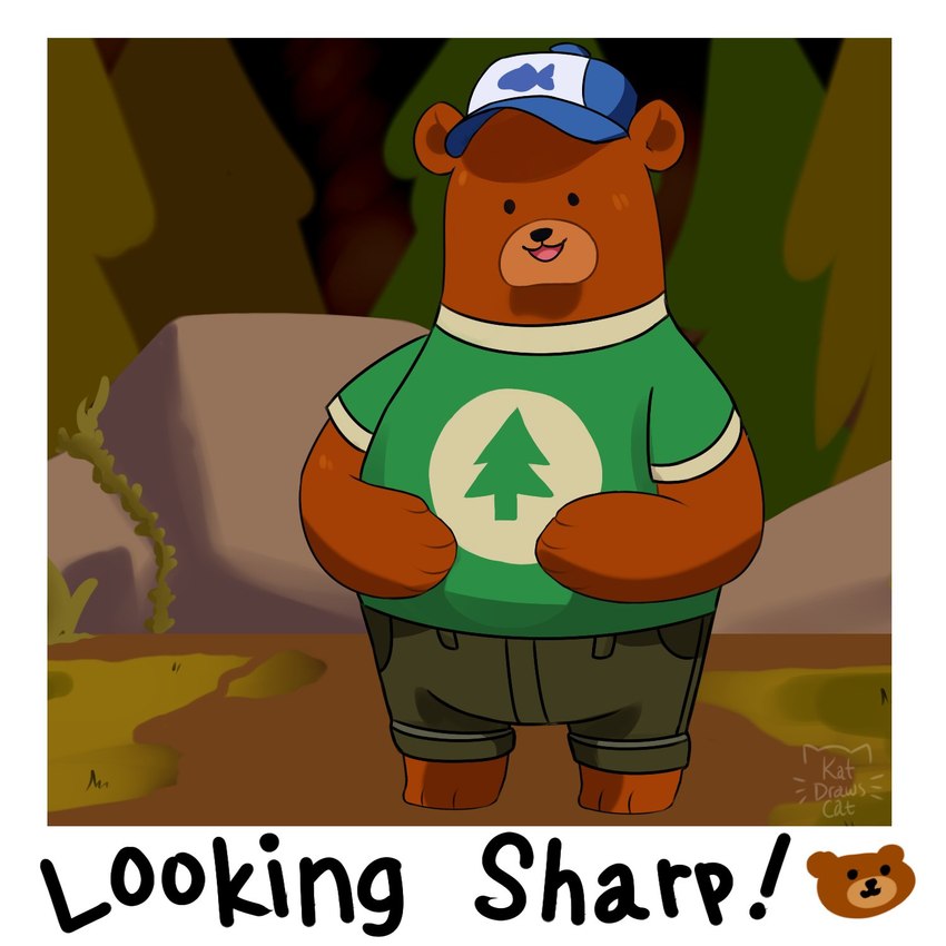 anthro bottomwear brown_body brown_fur clothing dot_eyes fur hat headgear headwear outside pants paws shirt slightly_chubby solo text topwear katdrawscat bear_and_breakfast hank_(bear_and_breakfast) bear mammal 1:1 2021 english_text hi_res