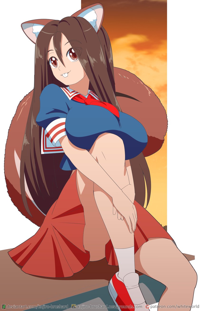 big_breasts bottomwear breasts brown_eyes brown_hair buckteeth clothing female hair long_hair school_uniform skirt smile solo teeth uniform kojiro-brushard malkai_(malkaiwot) animal_humanoid humanoid mammal mammal_humanoid rodent rodent_humanoid sciurid sciurid_humanoid tree_squirrel_humanoid 2020 hi_res