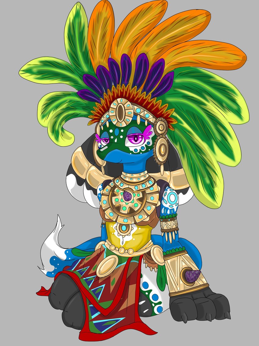 anthro aztec ceremonial claws facial_paint feathered_headdress female finger_claws grey_background jewelry looking_at_viewer mesoamerican purple_eyes simple_background sitting sitting_on_ground smile smiling_at_viewer solo elchuydra nintendo pokemon hina_(elchuydra) generation_4_pokemon lucario pokemon_(species) 2023 3:4 hi_res