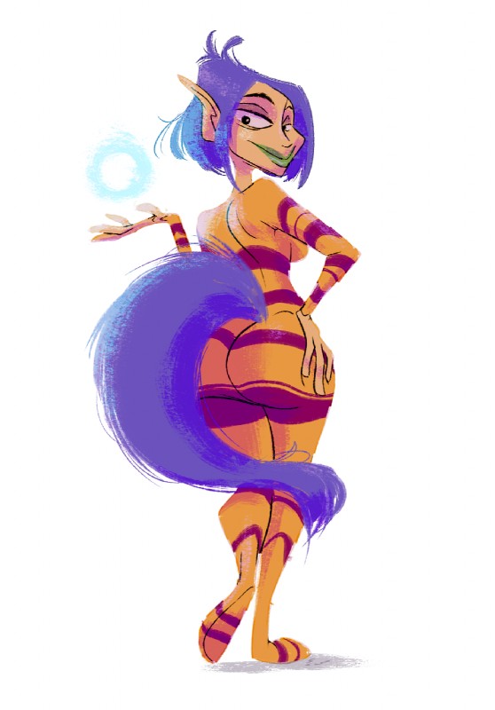 4_fingers big_butt bodysuit breasts butt clothed clothing female fingers fully_clothed hair half-closed_eyes hand_on_hip humanoid_pointy_ears lipstick looking_at_viewer looking_back makeup narrowed_eyes not_furry pointy_ears purple_hair raised_arm rear_view short_hair side_boob simple_background skimpy skinsuit smile solo standing tail tight_clothing white_background wide_hips slb rayman_(series) ubisoft ly_the_fairy fairy humanoid tailed_humanoid 2016 digital_media_(artwork) hi_res