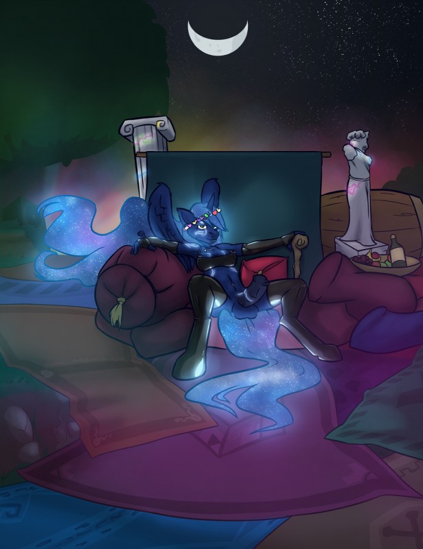 alcohol animal_genitalia animal_penis anthro anthrofied armwear balls beverage biped blue_body blue_feathers blue_hair bottle bottomless breasts cane cleavage clothed clothing container crescent_moon elbow_gloves equine_genitalia equine_penis erection feathered_wings feathers flower food fruit genitals gloves glowing glowing_hair gynomorph hair handwear hooves horn intersex latex legwear looking_at_viewer moon navel navel_piercing night nipple_piercing nipples outside penis piercing pillar pillow plant pose sculpture sitting solo sparkles spread_legs spreading star statue stockings wine wine_bottle wings krd friendship_is_magic hasbro my_little_pony mythology princess_luna_(mlp) equid equine mammal mythological_creature mythological_equine winged_unicorn 2015 full-length_portrait hi_res portrait