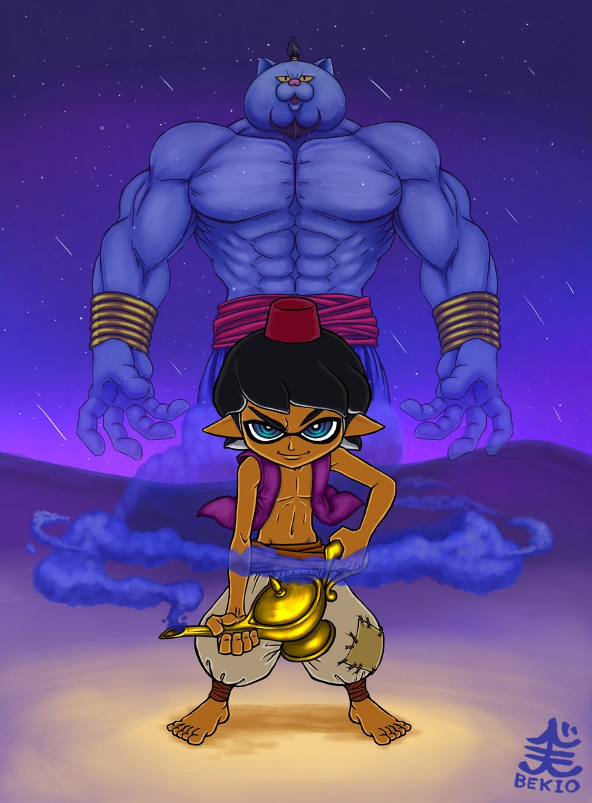 5_fingers 5_toes abs anthro barefoot blue_eyes brown_body brown_skin clothing cosplay crossover_cosplay duo feet fingers humanoid_pointy_ears male muscular muscular_anthro muscular_male night pointy_ears sky star starry_sky toes topwear vest bekio disney disney's_aladdin nintendo splatoon aladdin_(disney) genie_(disney) judd animal_humanoid cephalopod cephalopod_humanoid domestic_cat felid feline felis humanoid inkling mammal marine marine_humanoid mollusk mollusk_humanoid 2019 absurd_res crossover hi_res signature