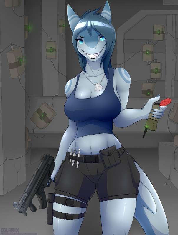 anthro blue_eyes bottomwear breasts c4 cleavage clothed clothing crop_top detonator dog_tags explosives female gun hair holding_object inside midriff mp5 navel non-mammal_breasts ranged_weapon sharp_teeth shirt shorts smile solo teeth topwear weapon colarix nanja fish marine shark absurd_res hi_res