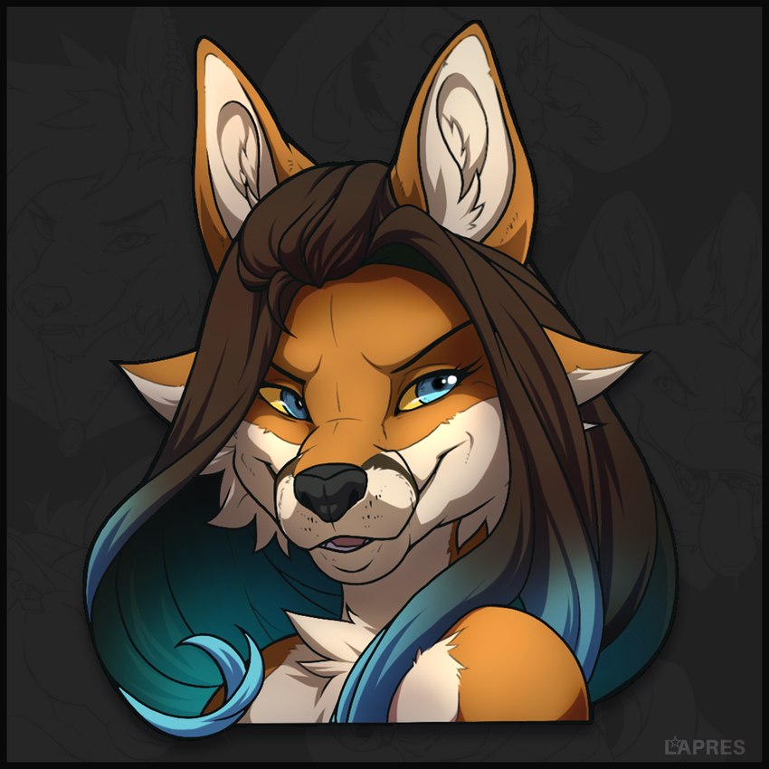 anthro black_border blue_eyes border brown_hair eyebrows eyelashes female hair male smile solo lapres canid canine fox mammal 1:1 2021 digital_media_(artwork)