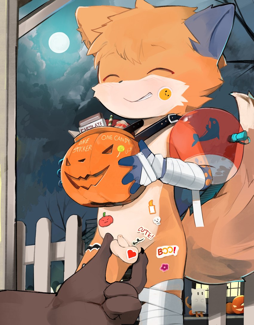 anthro balls biped countershade_face countershade_fur countershade_torso countershading duo eyes_closed fingers flaccid foreskin fur genitals holidays humanoid_genitalia humanoid_penis jack-o'-lantern kemono male moon orange_body orange_fur penis sex shota smile tail text young young_anthro yupa halloween jaberwocky canid canine fox mammal english_text hi_res