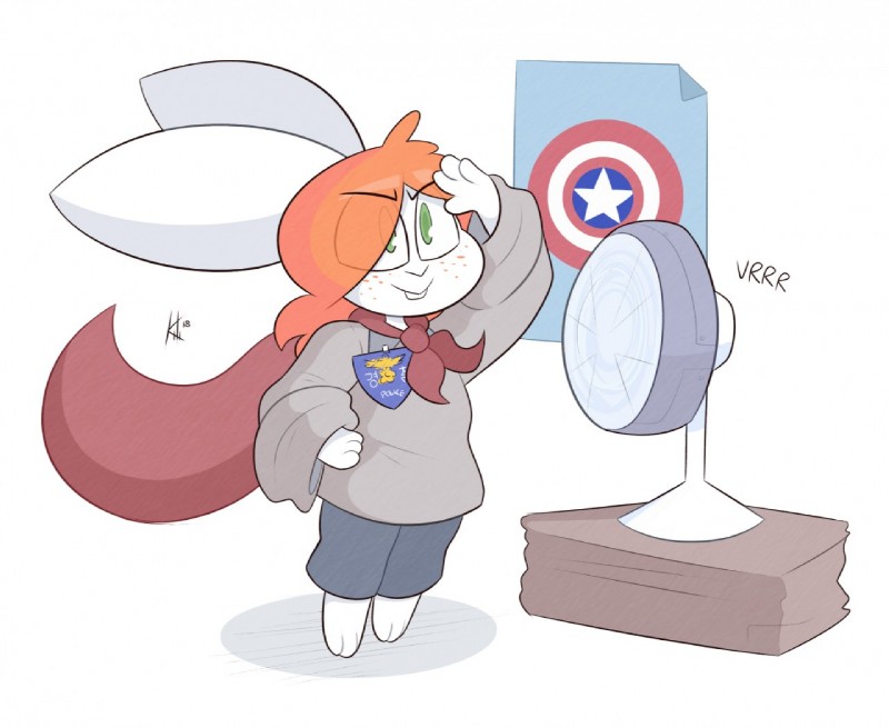 anthro cape clothing electric_fan female green_eyes hair orange_hair oscillating_fan solo young kilinah dust_to_dust marvel abbi_(kilinah) captain_america lagomorph mammal