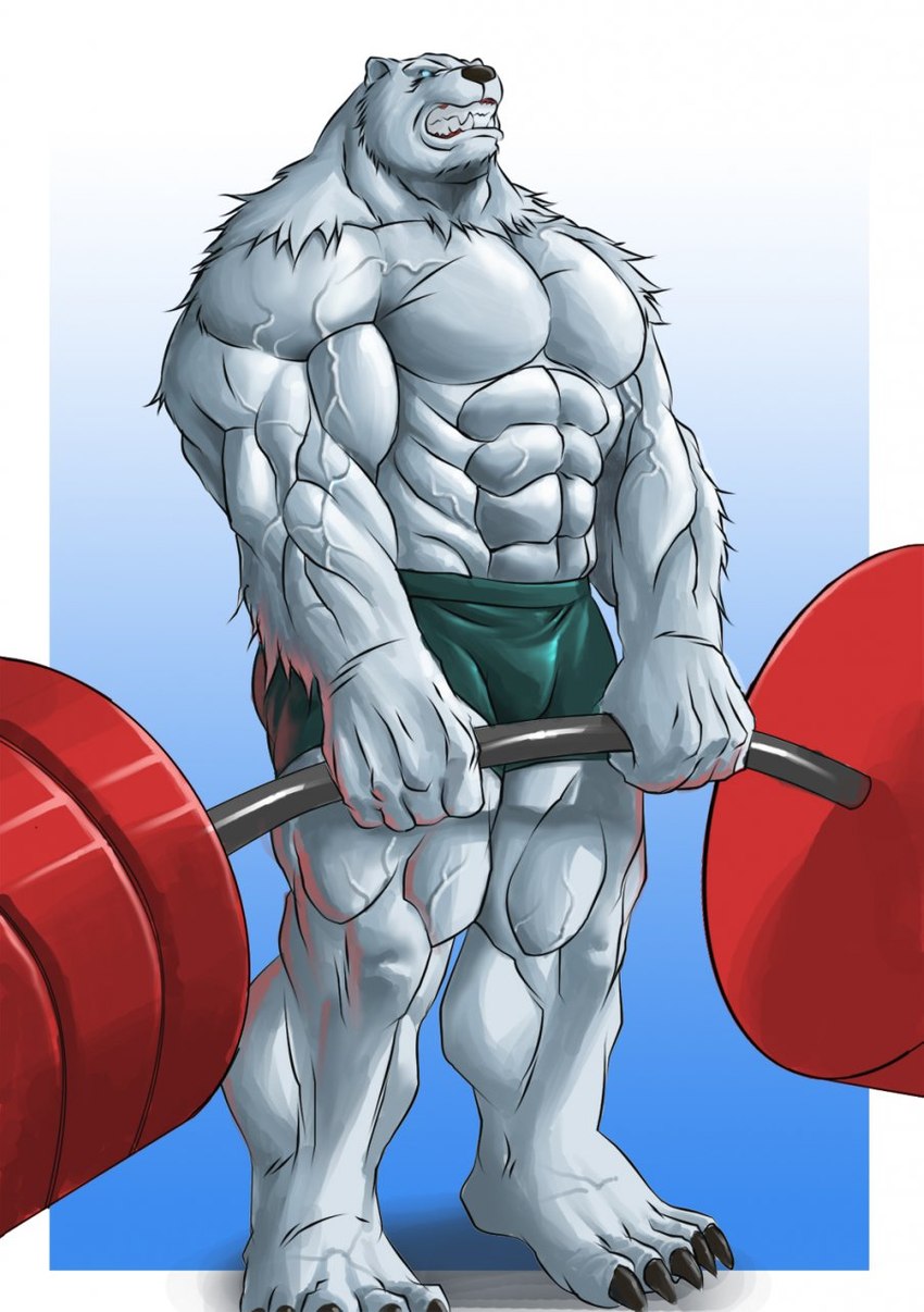 5_fingers 5_toes anthro barbell big_muscles black_claws black_nose blue_eyes bottomwear claws clothed clothing exercise feet fingers glowing glowing_eyes huge_muscles humanoid_feet humanoid_hands male muscular muscular_anthro muscular_male plantigrade shorts simple_background snarling solo standing toes topless vein veiny_muscles weightlifting workout echin bear mammal polar_bear ursine 2011 hi_res