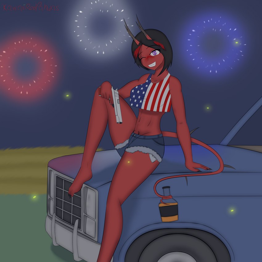 alcohol beverage black_hair bottomwear clothing crop_top denim denim_bottomwear denim_clothing denim_shorts female fireworks gun hair handgun holidays horn looking_at_viewer not_furry outside purple_eyes ranged_weapon red_body red_skin shirt short_hair shorts sitting smile solo spiked_tail spikes spikes_(anatomy) tail tail_holding_object topwear truck united_states_of_america vehicle weapon whiskey kawaiiredpandas 4th_of_july sam_(kawaiiredpandas) demon humanoid 1:1 absurd_res hi_res