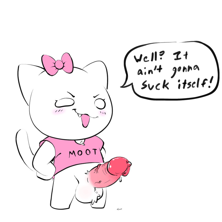 anthro ball_tuft balls big_balls big_penis blush bodily_fluids bow_ribbon chest_tuft chibi circum clothing crossgender cute_fangs empty_eyes erection eyelashes fangs ftm_crossgender genital_fluids genitals glans hand_on_hip huge_balls huge_penis humanoid_genitalia humanoid_penis leaking_precum male open_mouth penis pink_clothing pink_shirt pink_topwear precum raised_tail shirt simple_background solo speech_bubble standing tail teeth text topwear tuft vein veiny_penis white_background white_body 4chan_anon unknown_artist 4chan it_ain't_gonna_do_itself moot domestic_cat felid feline felis mammal 1:1 2025 absurd_res digital_drawing_(artwork) digital_media_(artwork) english_text full-length_portrait hi_res portrait