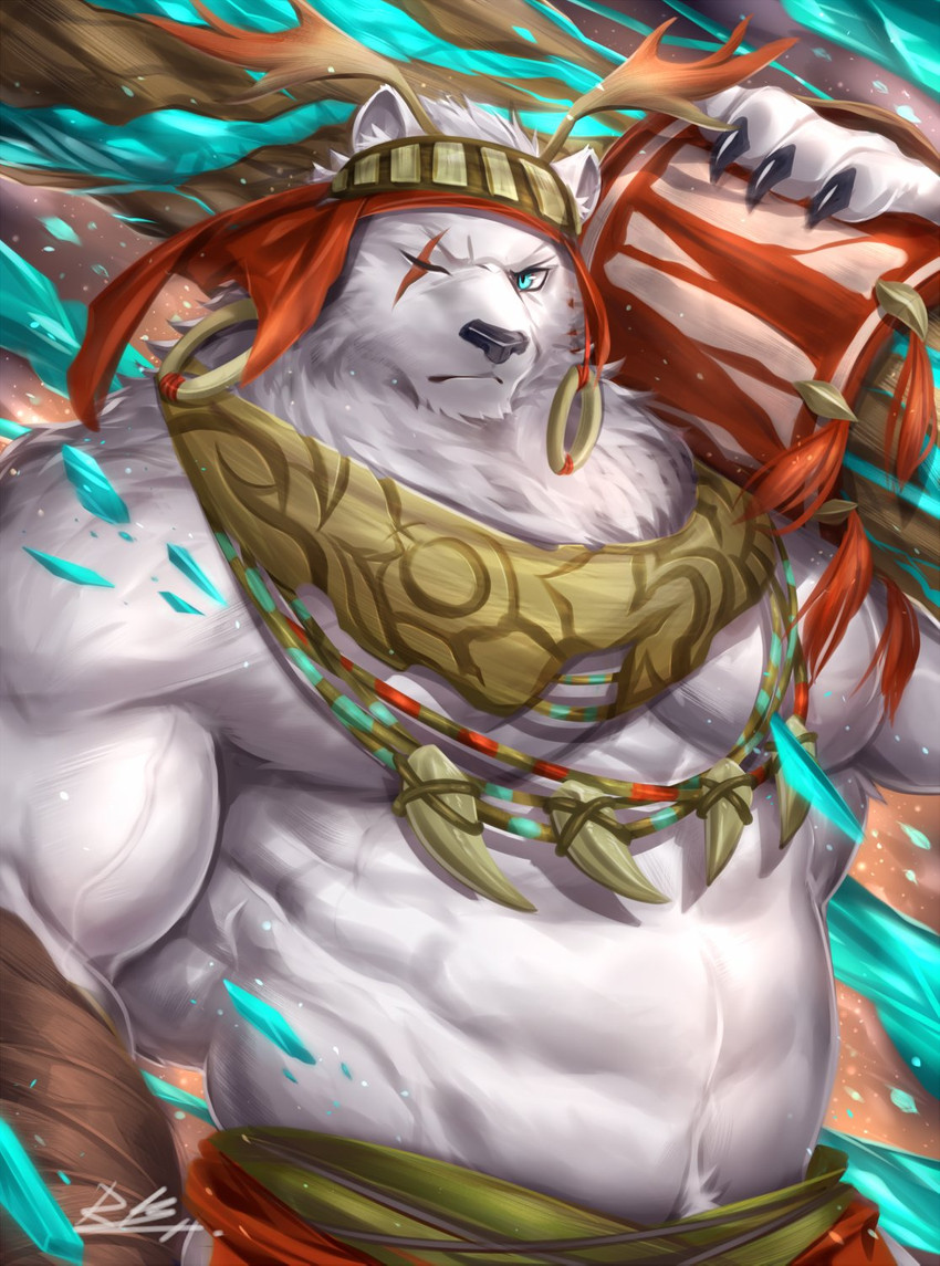 anthro biceps clothed clothing eye_scar facial_scar fur male muscular muscular_anthro muscular_male scar simple_background solo topless white_body white_fur rabbity sdorica crushfang_(sdorica_sunset) bear mammal polar_bear ursine 2020 digital_media_(artwork) hi_res signature