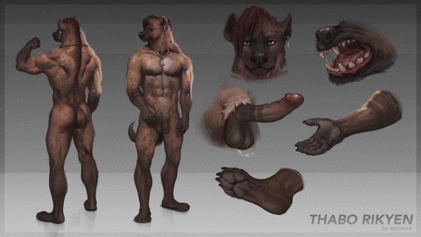 abs anthro arm_tattoo back_muscles balls biceps biped black_balls black_body black_face black_fur black_nose black_penis brown_body brown_fur brown_hair butt chest_scar claws collar_tag dark_balls dark_body dark_ears dark_face dark_fur dark_penis dark_skin ear_piercing erection feet finger_claws fingers front_view fur fur_markings genital_tattoo genitals glans grey_body grey_fur hair handpaw heterochromia humanoid_genitalia humanoid_penis looking_at_another looking_at_viewer male markings multicolored_body multicolored_fur muscular muscular_anthro muscular_male navel neck_muscles nipples nude open_mouth pawpads paws pecs penis penis_tattoo piercing plantigrade rear_view scar simple_background spots spotted_body spotted_fur spotted_markings standing tail tattoo teeth toe_claws toes tongue tuft vein veiny_penis whiskers white_body white_fur epic_soul thabo_(epic_soul) humanoid hyena mammal spotted_hyena 16:9 digital_media_(artwork) hi_res model_sheet portrait widescreen