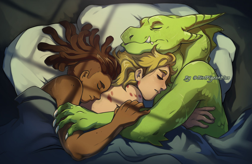 acid_burns anthro bed blonde_hair braided_hair dark_body dark_skin female furniture green_body green_scales group hair interspecies male male/female male/male on_bed scales scar sleeping under_covers pigeon_blue masters_of_the_universe mattel netflix she-ra_(copyright) she-ra_and_the_princesses_of_power kyle_(she-ra) lonnie_(she-ra) rogelio_(she-ra) human lizard mammal reptile scalie 2020 hi_res unavailable_at_source