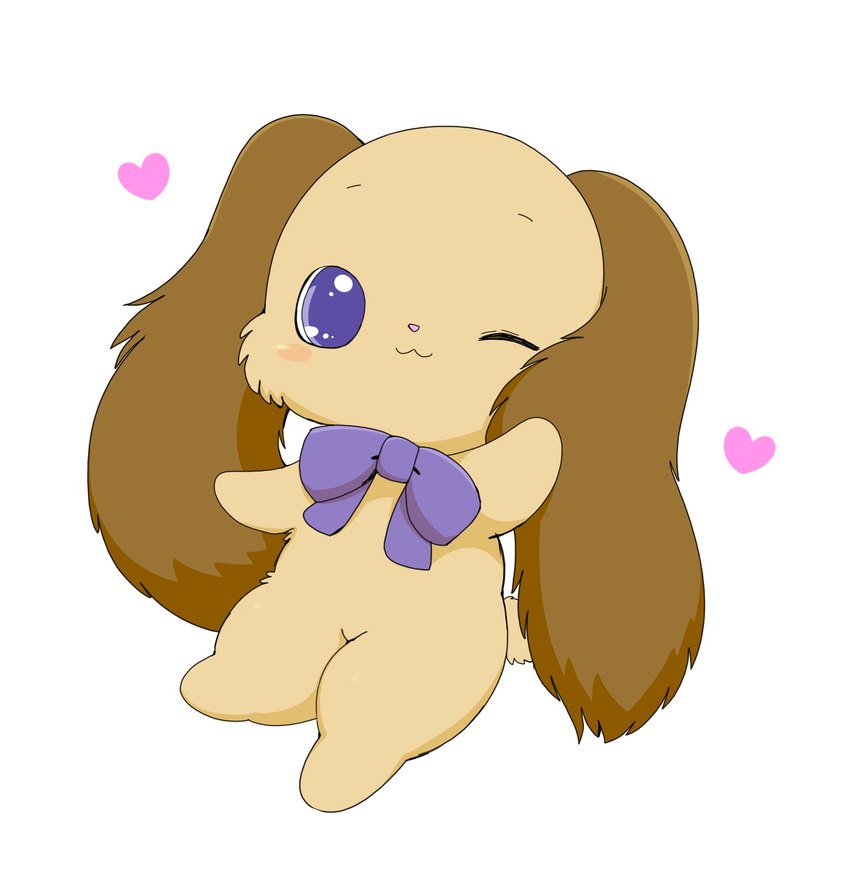 ambiguous_gender anthro blush bow_tie bow_tie_only brown_body brown_fur chibi cotton_tail featureless_feet featureless_hands feet fluffy_ears fur heart_symbol long_ears looking_at_viewer mostly_nude one_eye_closed purple_eyes semi-anthro simple_background smile solo thick_thighs wink winking_at_viewer azuo jewelpet sanrio sega sega_fave io_(jewelpet) domestic_rabbit lagomorph leporid lop_rabbit mammal oryctolagus rabbit hi_res