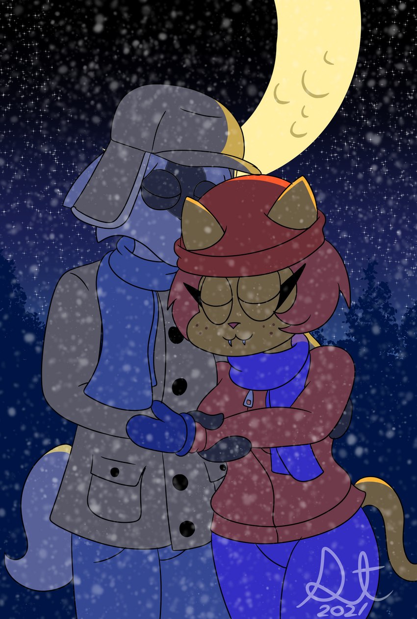 anthro duo eyes_closed female forest hug kissing kissing_head male male/female moon plant romantic romantic_couple scarf snow snowing tree winter winter_clothing daffytitanic rachel_(blackmore) rodolfo_sanchez canid canine canis domestic_cat felid feline felis iberian_wolf mammal wolf absurd_res hi_res