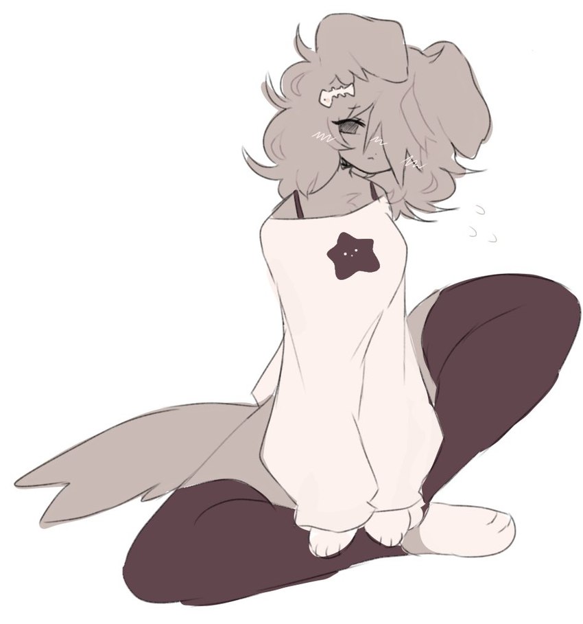 anthro big_tail blush blush_lines clothing embarrassed female fishbone hair hair_over_eye legwear looking_at_viewer messy_hair one_eye_obstructed paws shirt sitting solo star stockings tail topwear joycawn jam_(joycawn) canid canine canis domestic_dog mammal