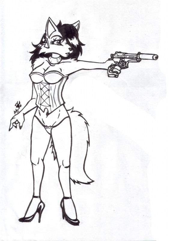 ankle_strap_heels anthro biped clothed clothing corset ear_piercing female footwear front_view gun handgun high_heels holding_gun holding_object holding_ranged_weapon holding_weapon jewelry lingerie necklace panties piercing pistol pumps ranged_weapon ring shoes silencer solo standing stiletto_heels topwear underwear weapon michaelfox1986 canid canine fox mammal absurd_res black_and_white full-length_portrait hi_res line_art marker_(artwork) mixed_media monochrome pen_(artwork) portrait sketch traditional_media_(artwork)