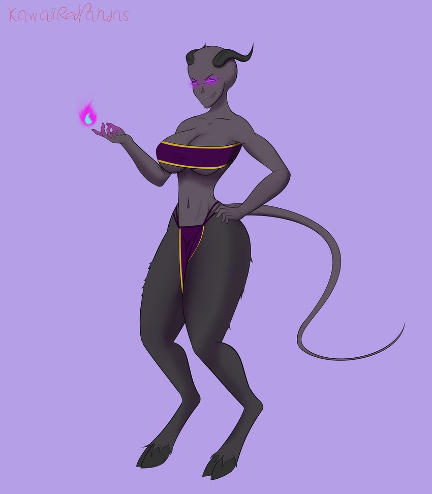 bottomwear breasts clothed clothing dark_body dark_fur dark_skin female fur glowing glowing_eyes hooves horn loincloth looking_at_viewer magic mouthless not_furry purple_eyes solo tail kawaiiredpandas demon humanoid absurd_res hi_res