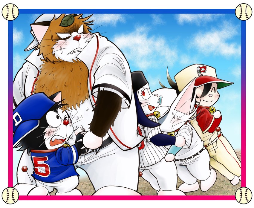 anthro backwards_baseball_cap backwards_hat ball baseball_(ball) baseball_(sport) baseball_cap baseball_uniform black_body blush bottomwear brown_body brown_fur clothed clothing fur group hat headgear headwear kemono leaf male open_clothing open_shirt open_topwear overweight overweight_male pants red_nose shirt sport sportswear topwear uniform shimo_mi_0503 dorabase doraemon kuroemon pokoemon_(character) shiroemon canid canine domestic_cat felid feline felis mammal raccoon_dog tanuki 2022 hi_res