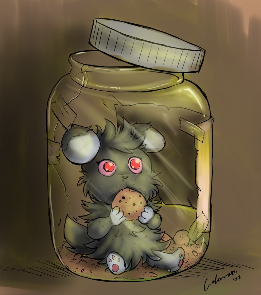 4_fingers ambiguous_gender anthro container cookie cookie_jar cracked_glass crumbs eating eating_cookie fingers food glass_jar jar jar_lid lid paper pawpads pink_sclera pokemorph post-apocalyptic red_eyes solo tape text young young_anthro s-nina fallout:_pca nintendo pokemon fee_oken espurr felid feline generation_6_pokemon mammal pokemon_(species) 2022 colored_sketch hi_res signature sketch