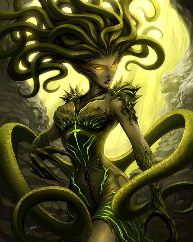 5_fingers amber_eyes black_lips breasts curvy_figure detailed_background female fingers front_view glowing glowing_eyes green_body green_skin hourglass_figure lips looking_aside medium_breasts pseudo_hair solo tentacle_hair tentacles wide_hips quirkilicious european_mythology greek_mythology mythology vraska gorgon humanoid green_theme portrait three-quarter_portrait