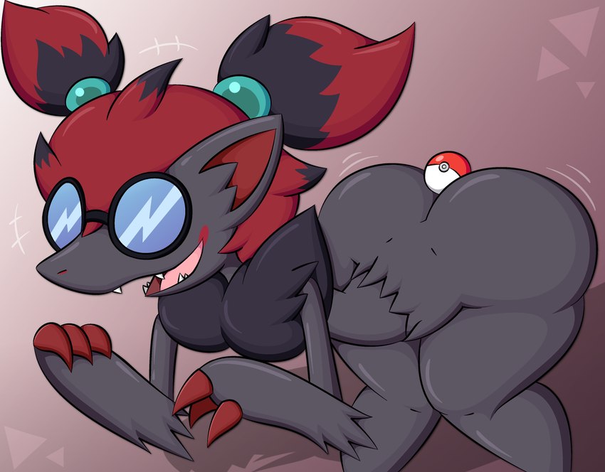 anthro bent_over big_butt butt eyewear female fur glasses grey_body grey_fur hair nerd object_in_ass open_mouth pokeball ponytail red_hair sharp_teeth solo teeth thick_thighs wearing_glasses zinzoa nintendo pokemon canid generation_5_pokemon mammal pokemon_(species) zoroark 2025 absurd_res digital_drawing_(artwork) digital_media_(artwork) hi_res