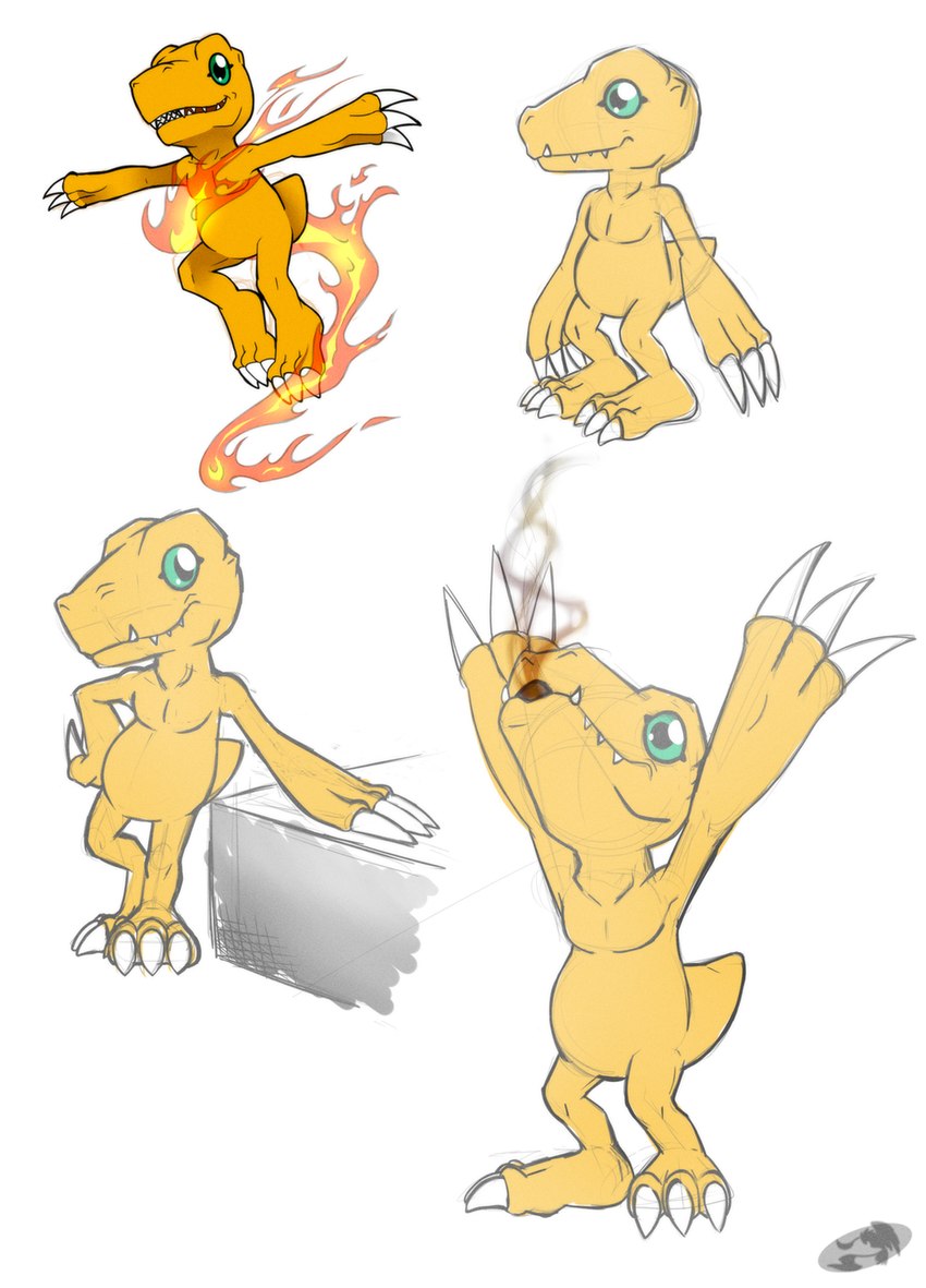 claws feet fingers fire green_eyes male on_model orange_body orange_scales scales sharp_teeth simple_background smile solo standing teeth toe_claws toes white_background white_claws yellow_body yellow_scales phoenixsalover bandai_namco digimon agumon digimon_(species) reptile scalie 2016 hi_res multiple_images signature sketch