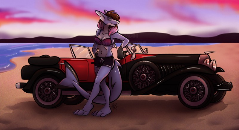 anthro beach bikini breasts brown_hair car classic_car clothed clothing feet female green_eyes hair half-closed_eyes narrowed_eyes navel pink_hair pose seaside smile solo standing sunset swimwear toes two-piece_swimsuit vehicle water nicnak044 jordan_(synthwave_shark) fish mammal marine shark digital_media_(artwork)