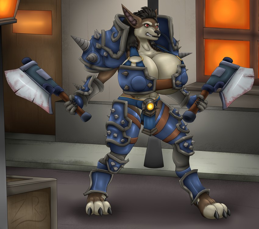 anthro armor big_breasts breasts clothing dual_wielding dual_wielding_melee_weapons female holding_object holding_weapon huge_breasts mane paws red_eyes solo spiked_armor spikes weapon furryrex_(artist) blizzard_entertainment mythology warcraft klementina canid canine mammal mythological_canine mythological_creature werecanid werecanine werecreature werewolf worgen hi_res