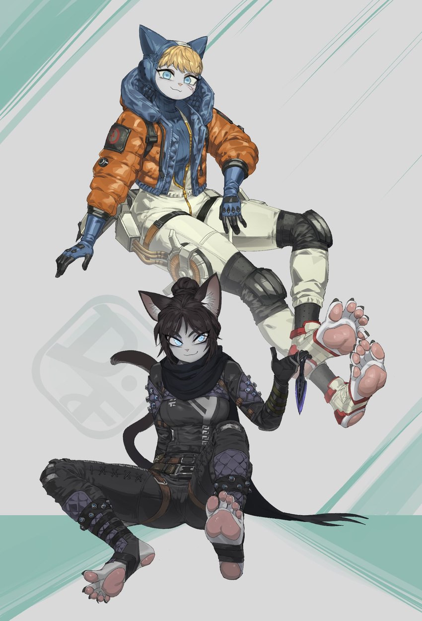 5_toes anthro black_hair blonde_hair blue_eyes clothing duo feet female foot_focus footwear greek_toe hair humanoid_feet pawpads paws pink_pawpads plantigrade sitting smile socks soles stirrup_socks toeless_legwear toes difman domestic_cat felid feline felis mammal hi_res