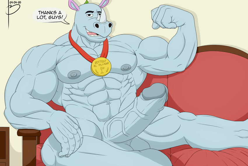 5_fingers abs anthro big_penis black_eyes blue_body blue_skin erection eyebrows fingers flexing furniture genitals gold_medal horn jewelry leaf looking_at_viewer male medal muscular muscular_anthro muscular_male necklace nipples nude penis pose smile sofa solo teeth text vein veiny_penis bayron_(artist) animal_crossing nintendo tank_(animal_crossing) mammal rhinoceros 2020 3:2 english_text hi_res