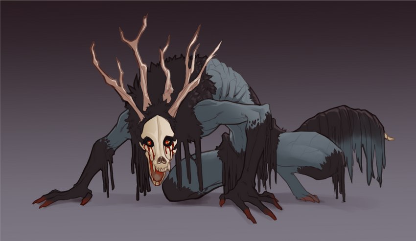 ambiguous_gender anthro antlers blood bodily_fluids bone creepy feet fingers horn simple_background skull skull_head solo toes faint 2022 digital_media_(artwork)