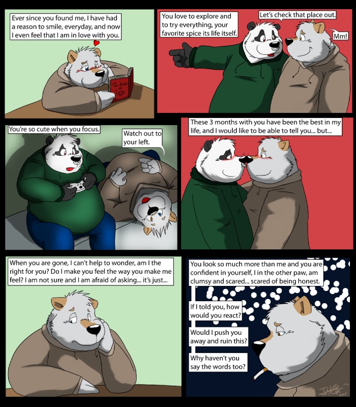 angst blush cigarette clothed clothing dialogue fully_clothed heart_symbol heterochromia male male/male overweight romantic romantic_couple slice_of_life text jakegr bod kanon bear canid canine canis domestic_dog giant_panda mammal comic english_text hi_res