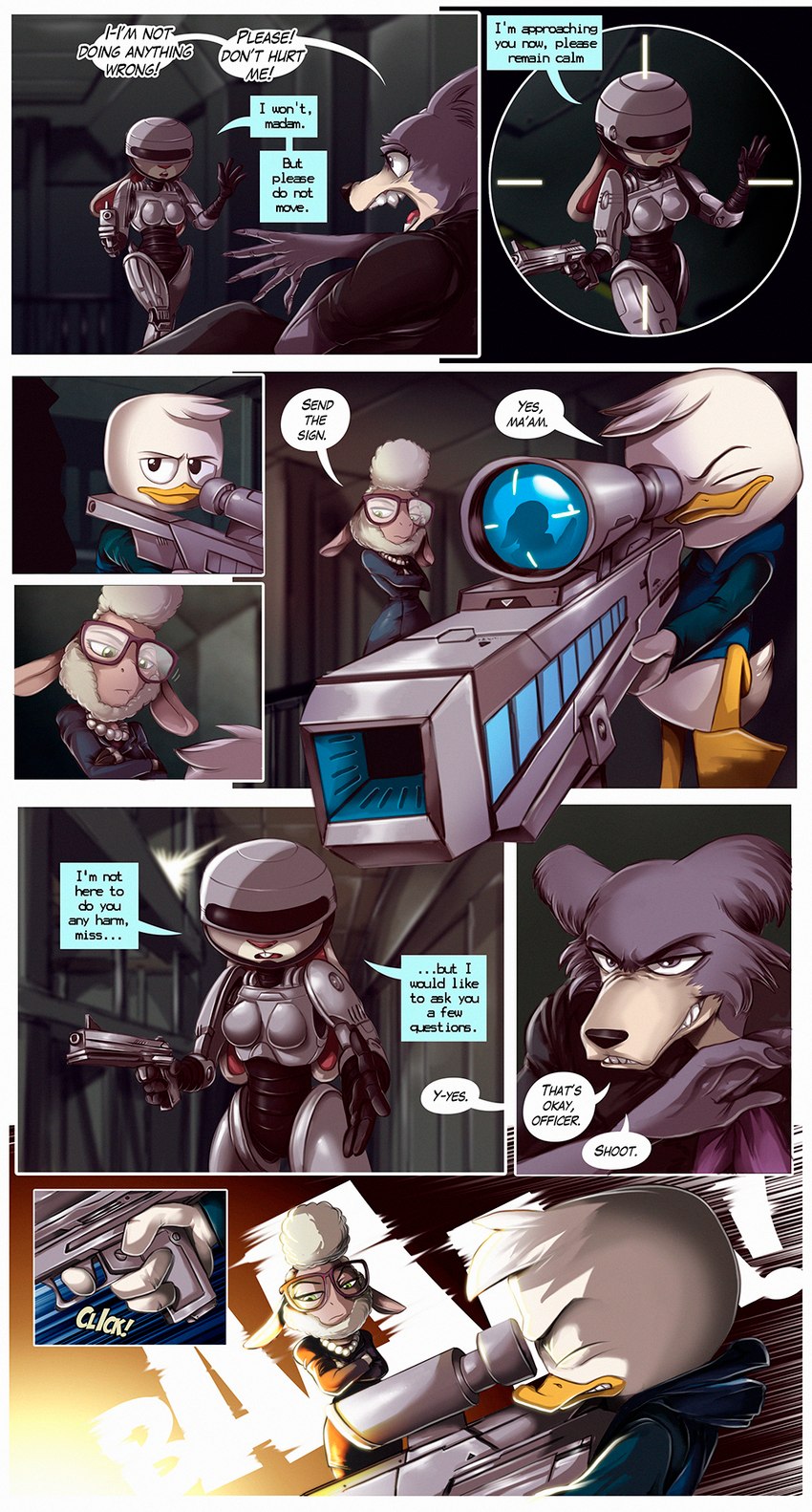 anthro cybernetics dialogue female group gun machine male ranged_weapon speech_bubble text weapon nauyaco beastars disney ducktales ducktales_(2017) robocop_(franchise) zootopia dawn_bellwether judy_hopps juno_(beastars) louie_duck anatid anseriform avian bird bovid canid canine canis caprine cyborg duck lagomorph leporid mammal rabbit sheep wolf comic crossover english_text hi_res