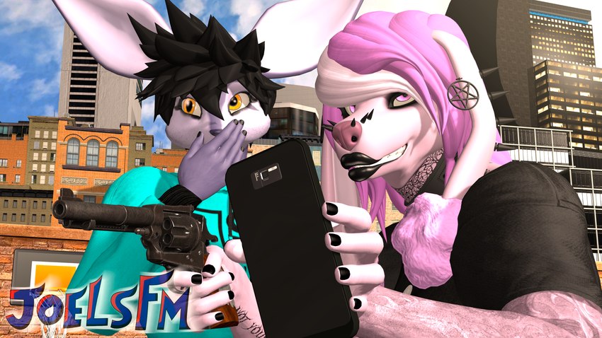 anthro arm_tattoo black_hair building clothed clothing duo ear_piercing electronics facial_piercing female furgonomics furry-specific_piercing gun hair muzzle_piercing neck_tattoo nose_piercing phone piercing pink_body pink_hair purple_body ranged_weapon recording smile smirk tattoo weapon joelsfm rika_(joelsfm) rosa_(joelsfm) canid canine canis domestic_dog lagomorph leporid mammal poodle rabbit 3d_(artwork) absurd_res digital_media_(artwork) hi_res source_filmmaker_(artwork) sibling_(lore) sister_(lore) sisters_(lore)