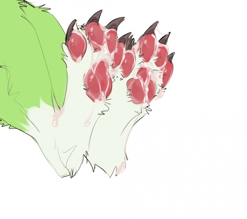 ambiguous_form ambiguous_gender bodily_fluids brown_claws claws cum cum_on_feet digitigrade faceless_ambiguous faceless_character feet foot_fetish foot_focus foot_shot fur genital_fluids green_body green_fur pawpads red_pawpads simple_background solo white_background white_body white_fur famir famir_(character)