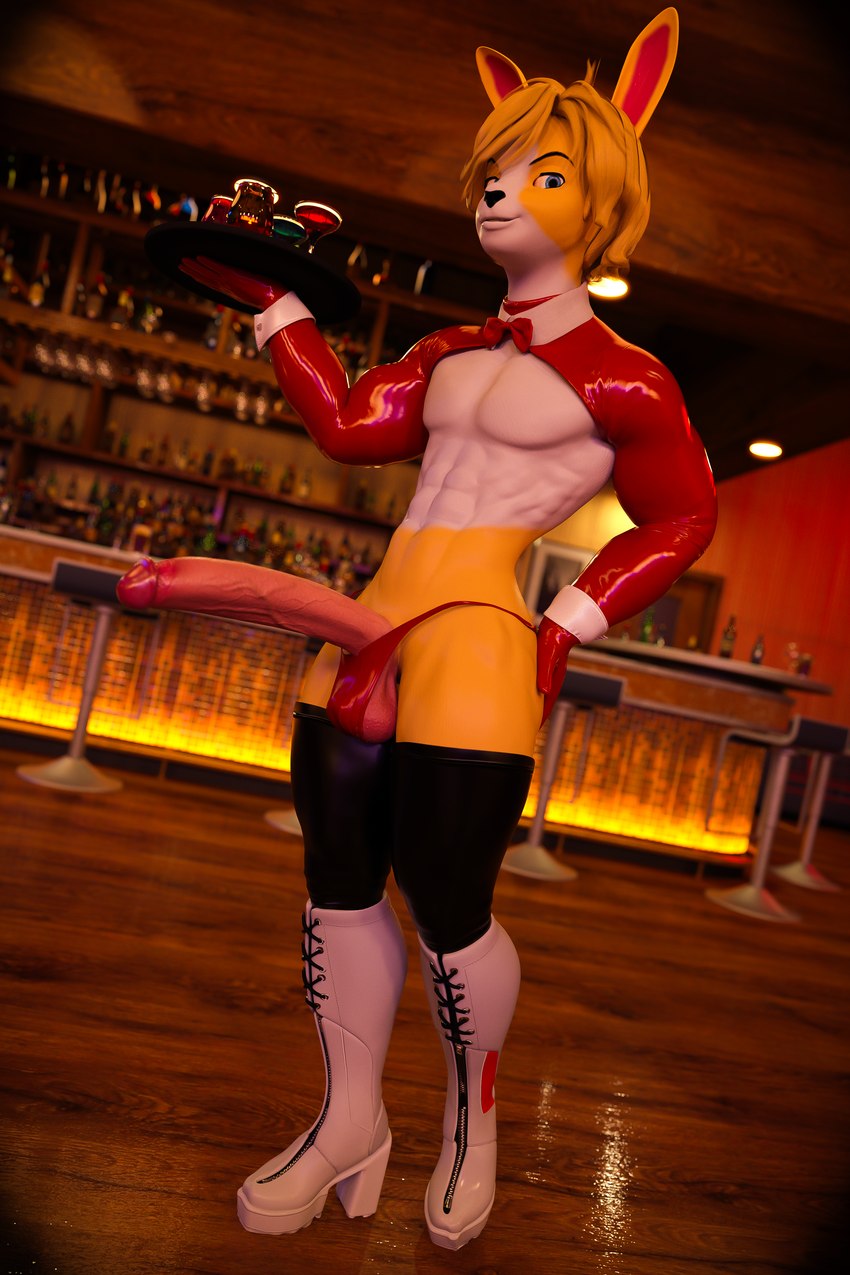 abs anthro beverage big_penis blue_eyes boots bottomwear bow_tie brown_hair clothing crop_top femboy footwear genitals hair huge_penis humanoid_genitalia humanoid_penis leggings legwear looking_at_viewer male multicolored_body muscular muscular_anthro muscular_male penis shirt shoes solo thong topwear underwear vein veiny_penis waiter waiter_tray bustin3d damon_(bustin3d) lagomorph leporid mammal rabbit 2:3 3d_(artwork) absurd_res digital_media_(artwork) hi_res