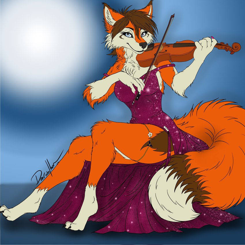 accessory anthro blue_eyes bowed_string_instrument chain_jewelry chest_tuft clothed clothing colored_nails countershading dress evening_gown female fluffy fluffy_tail fur garter inner_ear_fluff looking_at_viewer musical_instrument nails orange_body orange_fur pantsless simple_background sitting smile smiling_at_viewer solo sparkles string_instrument tail tuft violin white_body white_countershading deerwalker canid canine canis mammal red_wolf wolf 1:1 flat_colors hi_res line_art