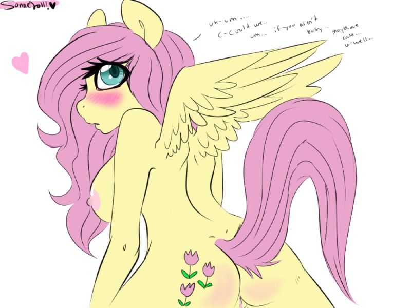 anthro anthrofied blush cutie_mark feathered_wings feathers female genitals heart_symbol hooves looking_back pre-g4 pussy shy simple_background solo tail text white_background wing_boner wings yellow_body yellow_feathers sonne friendship_is_magic hasbro mlp_g1 my_little_pony my_little_pony_'n_friends mythology fluttershy_(mlp) posey_(pre-g4) equid equine mammal mythological_creature mythological_equine pegasus 2011 4:3 signature