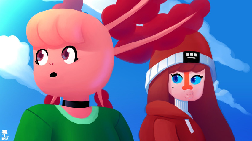 anthro beanie choker clothing duo female hat headgear headwear jewelry necklace pink_body pink_skin sky skyscape wazzaldorp real_axolotl_hours axey_(wazzaldorp) koi-chan amphibian amur_carp axolotl carp cyprinid cypriniform fish koi marine mole_salamander salamander typical_carp 16:9 2021 hi_res widescreen