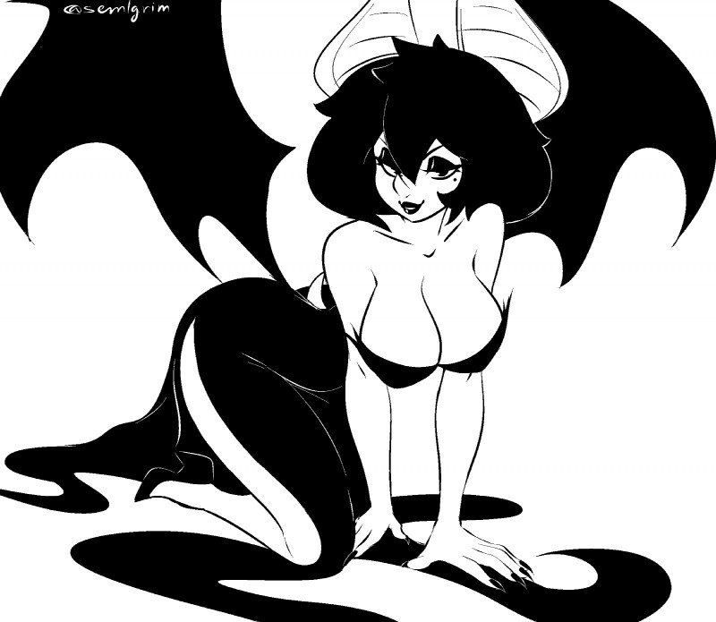 all_fours big_breasts breasts cleavage clothed clothing female footwear high_heels markings mole_(marking) nipple_outline shoes solo sem-l-grim eva_(sem-l-grim) animal_humanoid bat bat_humanoid humanoid mammal mammal_humanoid 2019 hi_res monochrome